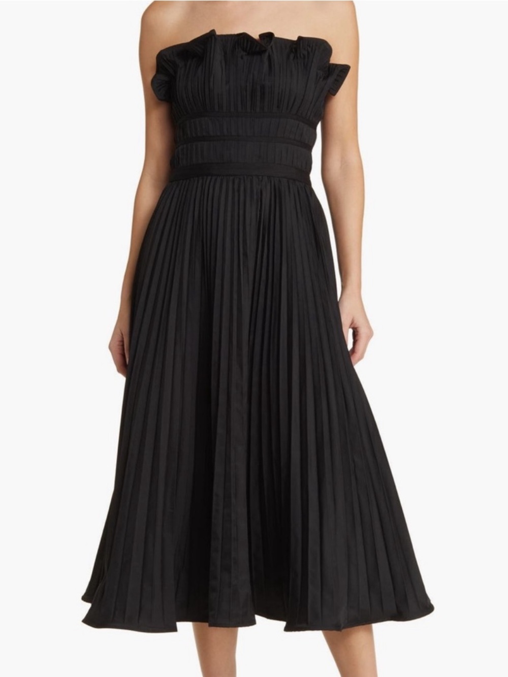 Moon River Strapless Pleated Midi Dress (Medium; Black)